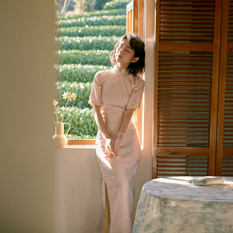 茉茉春夏 四分连袖全开襟嵌条长款复古温柔日常提花天丝旗袍 粉玉,女装/女士精品,旗袍,淘宝优惠券,粉丝福利购,淘宝优惠卷
