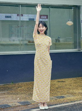 茉茉旗袍夏新 短袖连袖有省侧拉链长款复古日常元气棉绸旗袍 蜜糖