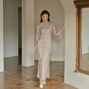 夕雾 全开襟盘扣国风日常提花仿花萝老旗袍 茉茉旗袍春新 八分水袖