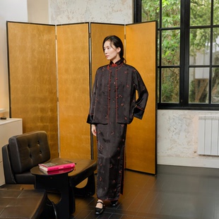 暗香 全开襟复古提花人丝类香云纱老旗袍套装 茉茉秋冬新 四分连袖