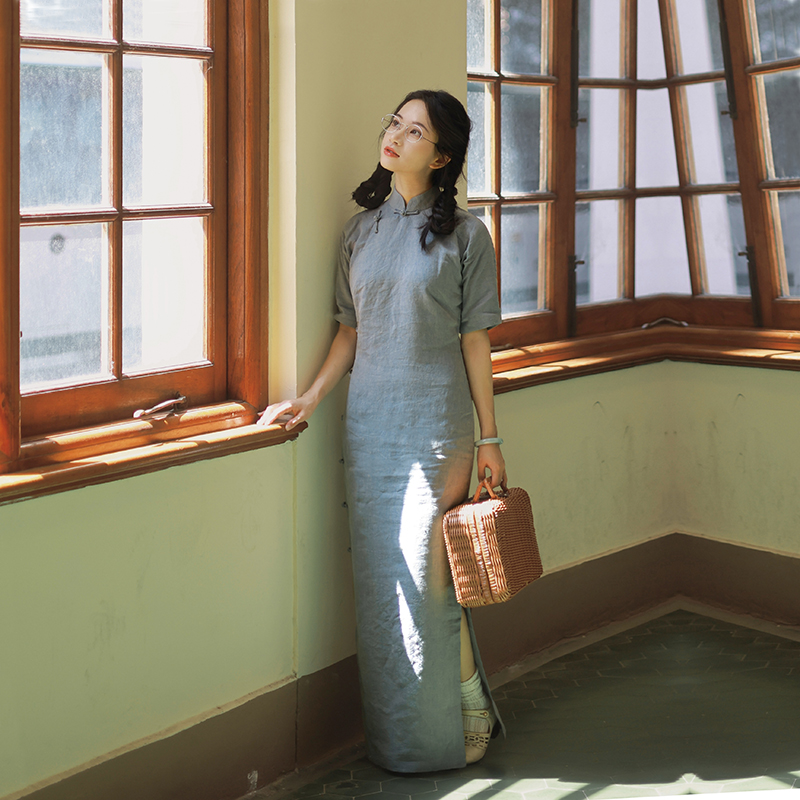 茉茉旗袍 四分连袖全开襟长款 复古文艺日常汉麻棉亚麻旗袍 书华