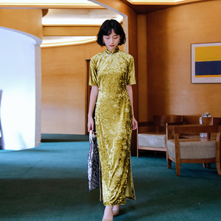 复古日常丝绒老旗袍 无腰省全开襟长款 苔金  四分连袖 茉茉秋冬