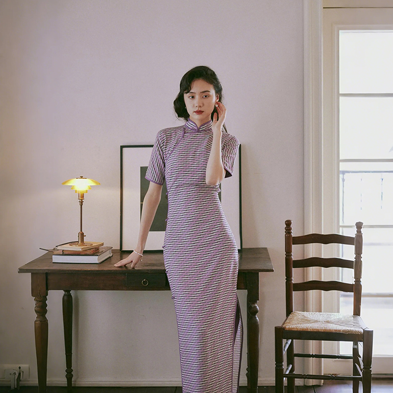茉茉春夏新 四分连袖全开襟盘扣长款 复古日常通勤棉绸旗袍 紫溪