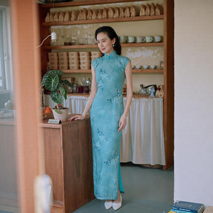 茉茉旗袍夏新 小连袖有省侧拉链嵌条长款 温婉复古日常丝麻 青棠