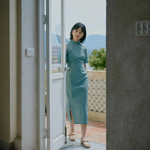 茉茉四分装袖有省侧拉链暗扣 复古日常改良苎麻棉港式旗袍 知更蓝