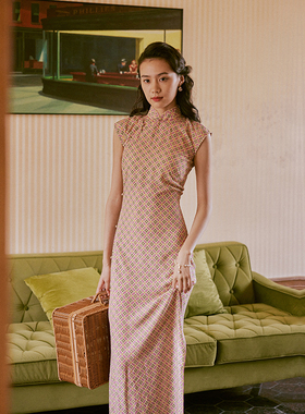 茉茉春夏 小连袖全开襟包边长款温婉显肤白复古日常棉绸旗袍 元樱