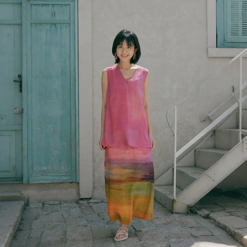 茉茉2025夏季新款女 无袖上衣半身A裙 文艺棉绸两件套装 桃山红