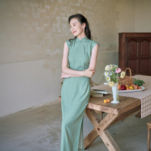 茉茉旗袍夏新 小连袖有省半开襟盘扣长款 复古日常纯色棉绸 新夏