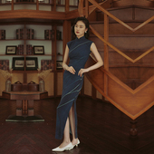 复古日常水墨定位花棉绸旗袍 有省半开襟长款 晚风 小连袖 茉茉春夏