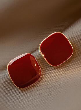 奥特莱斯品牌折扣店撤柜清仓捡漏酒红色耳环方形几何女耳钉耳饰潮