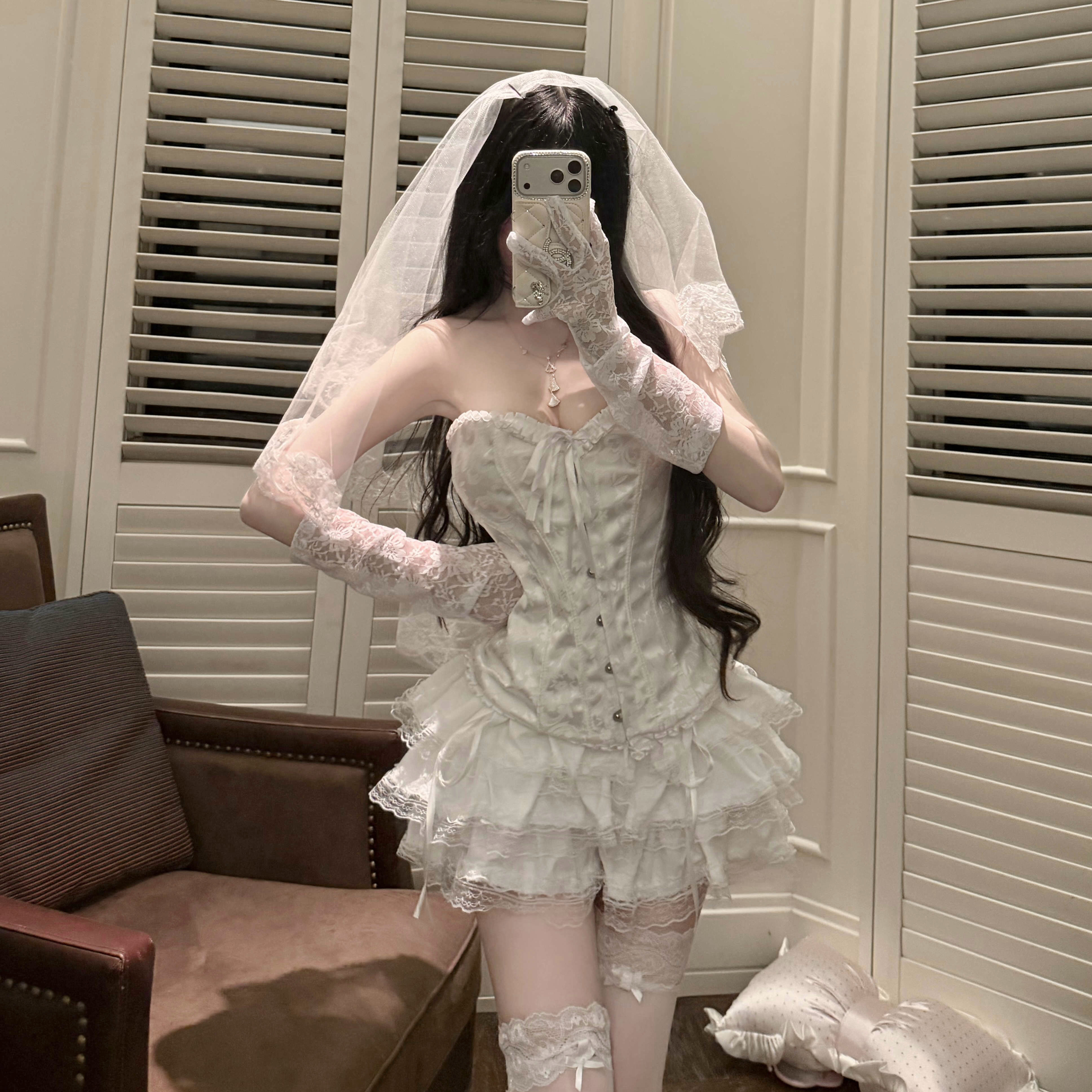 花嫁新娘鱼骨胸衣蓬蓬裙套装蕾丝蛋糕裙氛围感万圣节穿搭 cos服装