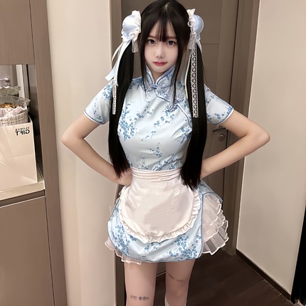 中华娘旗袍cos新中式改良甜美可爱小厨娘女仆装连衣裙Lolita围裙