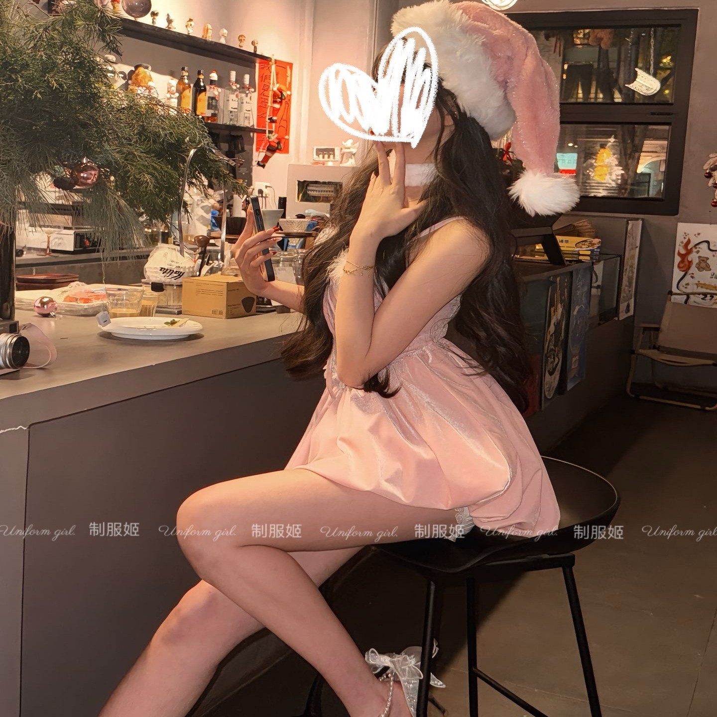 甜美圣诞节粉色短款连衣裙战袍