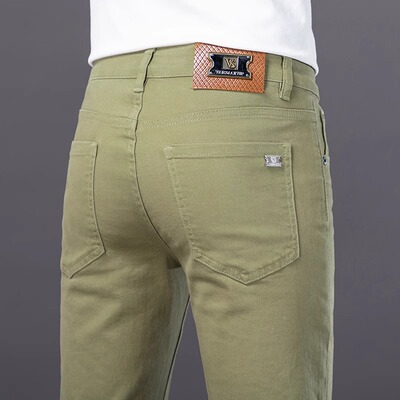 香港高端浅绿色牛仔长裤男2025春夏新款修身小脚弹力九分休闲欧货