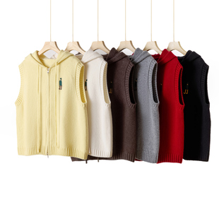 2025年春新款针织马甲开衫连帽毛衣时尚拉链女带帽无袖毛线衣厚款