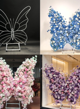 酒店生日宴会布置装饰仿真花铁艺蝴蝶道具插花骨架子摆件美陈立体