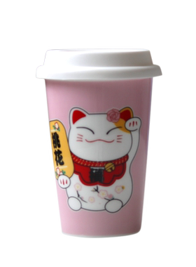陶瓷杯带盖水便携招财猫