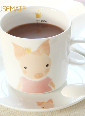 housemate杯子陶瓷简约茶杯创意水杯套装带刻度咖啡杯碟带勺带碟