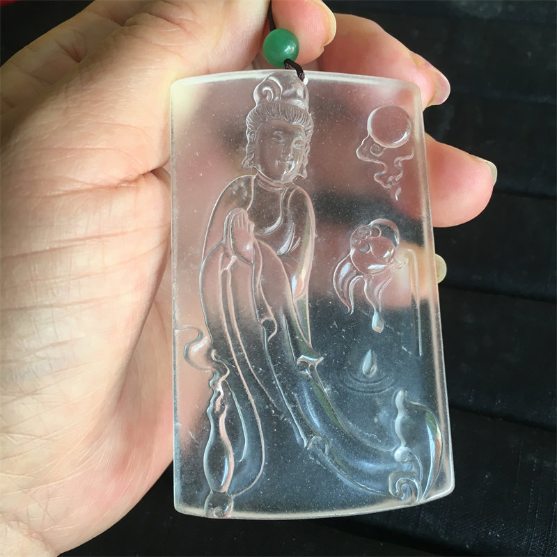 高品质水沫玉观音菩萨牌吊坠翡翠伴生矿手工雕刻观音方牌子大挂件