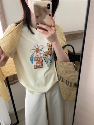 Hers一勺甜韩系简约纯棉日常休闲通勤字母花朵宽松短袖T恤20613#