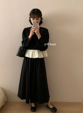 RS-WHMT秋新款法式复古撞色拼接荷叶边长袖上衣配半身裙套装5231