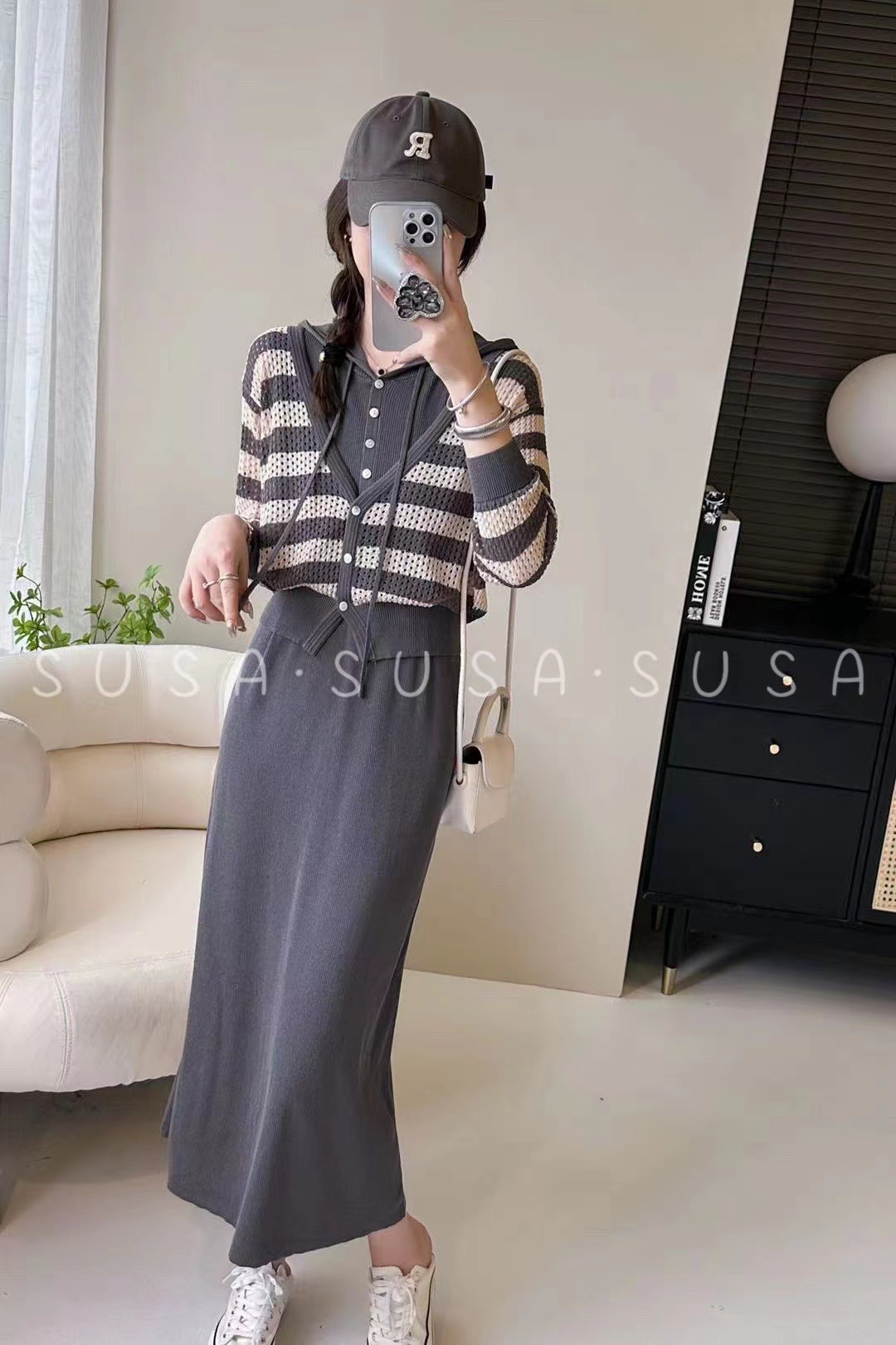 素夏SUSA春秋长袖两件套毛织条纹显瘦带帽开衫拼背心连衣裙88616