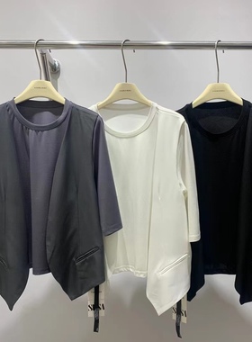 Susa素夏法式设计感假两件马甲中袖T恤女秋新款显瘦高档上衣15503