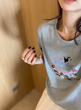 Hers一勺甜韩系简约纯棉日常休闲通勤卡通米奇宽松短袖T恤20613#