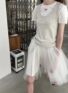 AKskylan春夏新款少女风蓬蓬裙半身裙女时尚纯色俏皮纱纱裙子套装