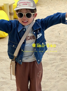 Iiko春秋新款纯棉童装男童外套小童上衣痞帅开衫牛仔衬衫潮ins