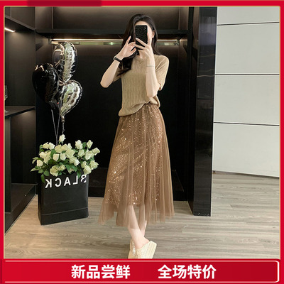 轻奢高级感女装2025新款显瘦圆领短袖针织上衣咖啡色珠片网纱裙子