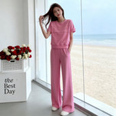 两件套 上衣阔腿裤 欧货潮牌休闲运动套装 女2026夏洋气减龄粉色短袖