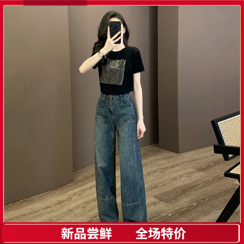 夏季减龄休闲黑色短袖T恤上衣服亮片牛仔裤子时尚两件套高端女装