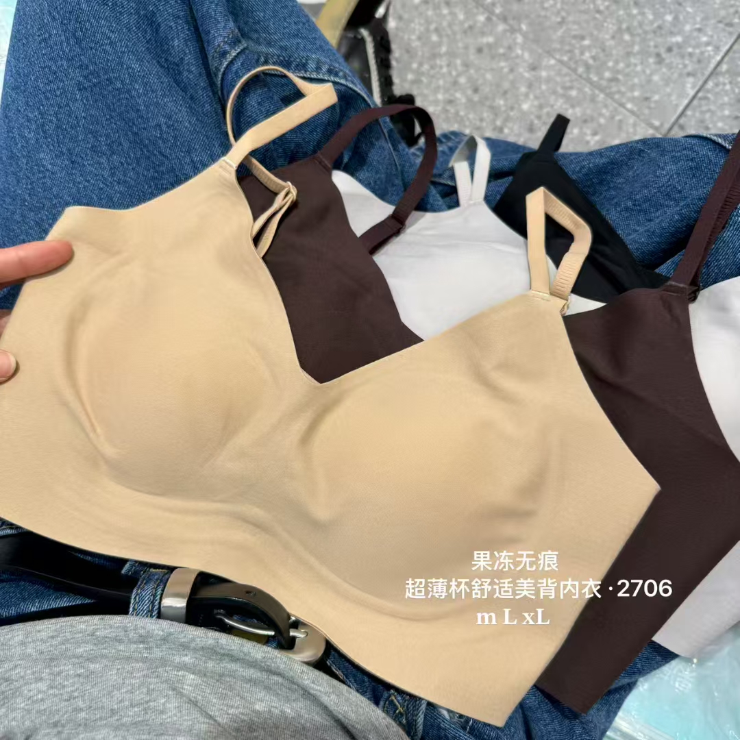 果冻无痕超薄固定杯无钢圈舒适解压一片式美背内衣极简隐形软提拉