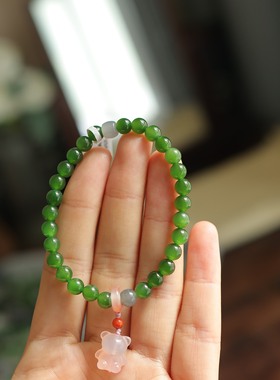 和田玉碧玉小熊手串6mm天然