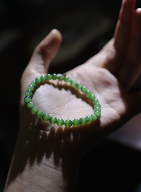 天然和田玉绿猫眼圆珠单圈手串