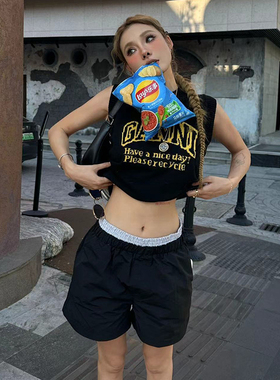 MONBLACK 基础款春夏双腰层次褶皱尼龙沙滩短裤