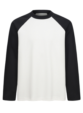 MONBLACK 基础款黑白拼接插肩开衩下摆时尚设计师圆领复古长袖T恤