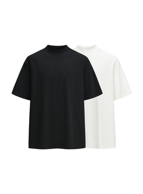 MONBLACK 基础款黑色白色廓形OS外缝线圆筒背后拼接小领口T恤