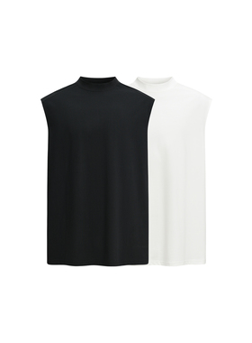 MONBLACK 基础款黑色白色廓形OS外缝线圆筒背后拼接小领口无袖T恤