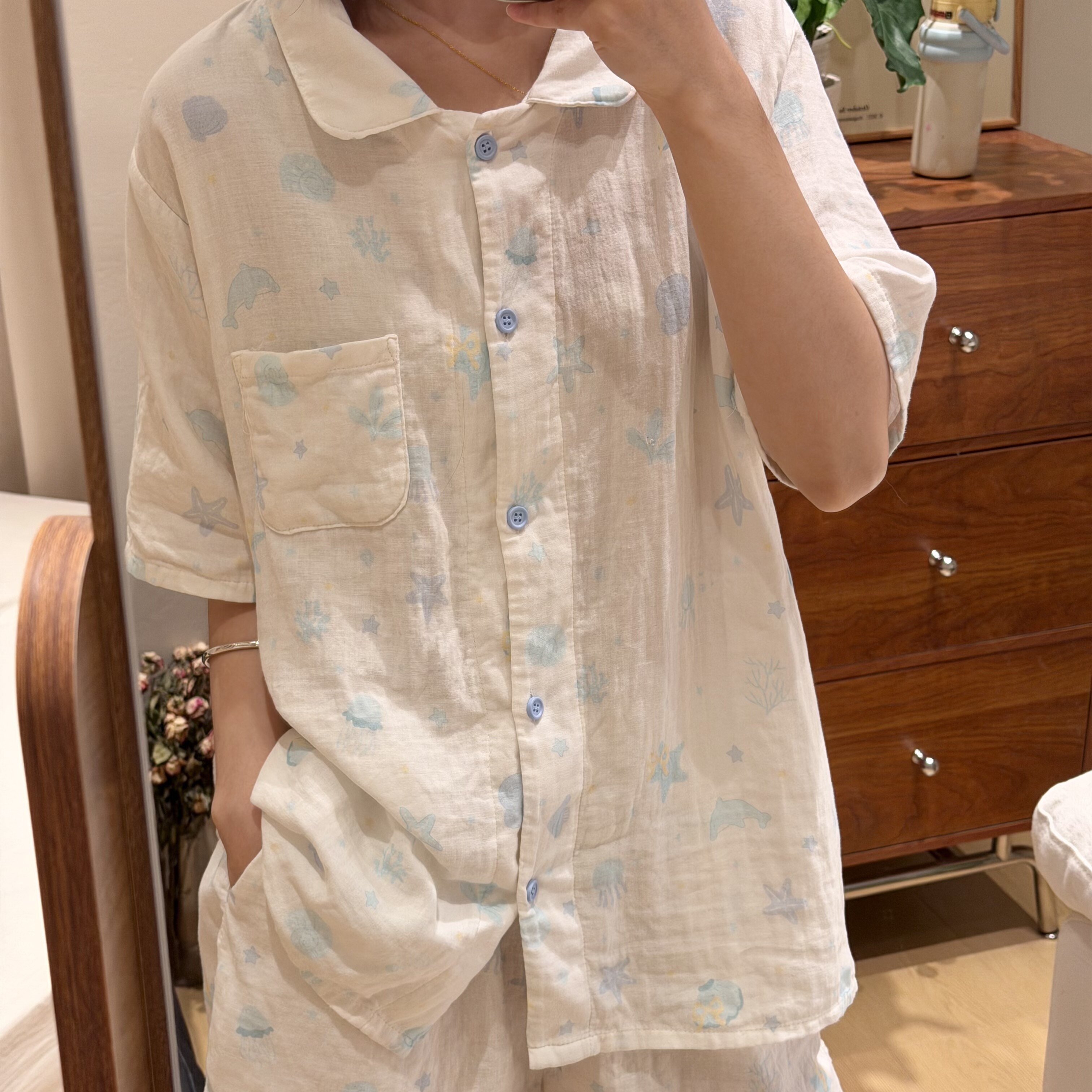 上新！双层棉纱小翻领短袖短裤夏季睡衣女纯棉印花薄款家居服