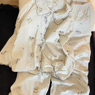 上新~可爱卡通木马人全棉双层纱小花边长袖长裤睡衣女家居服柔软