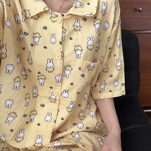 夏季新品！黄底小兔a类全棉双层纱翻领短袖长裤家居服睡衣女