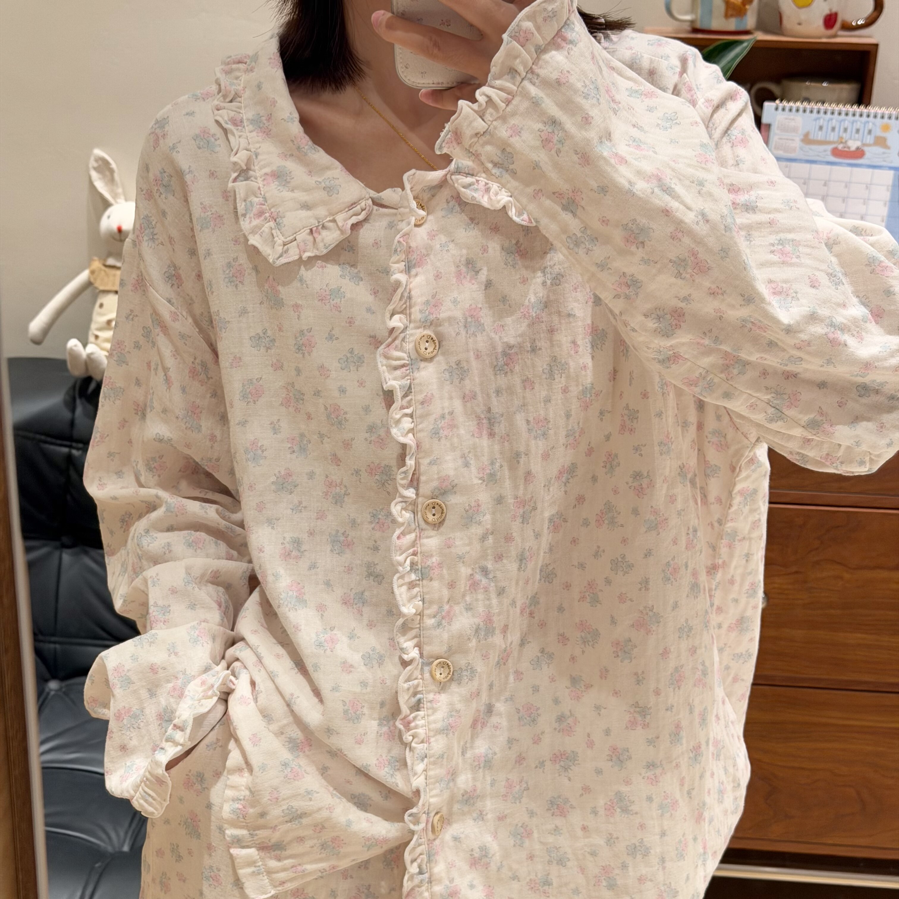 新品！a类全棉双层纱可爱少女荷叶边长袖长裤睡衣套装舒适居家服
