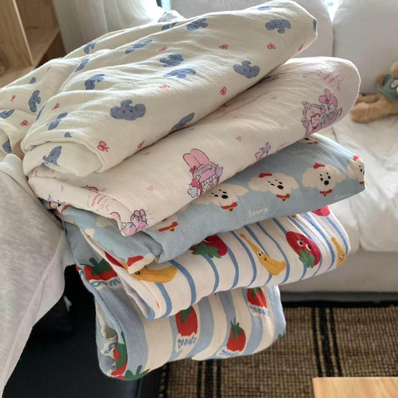 秋季新品！a类纯棉双层纱布可爱卡通少女心睡衣家居服套装可外穿