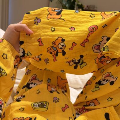 100%棉双层纱布睡衣女夏季长袖套装薄款全棉家居服可外穿