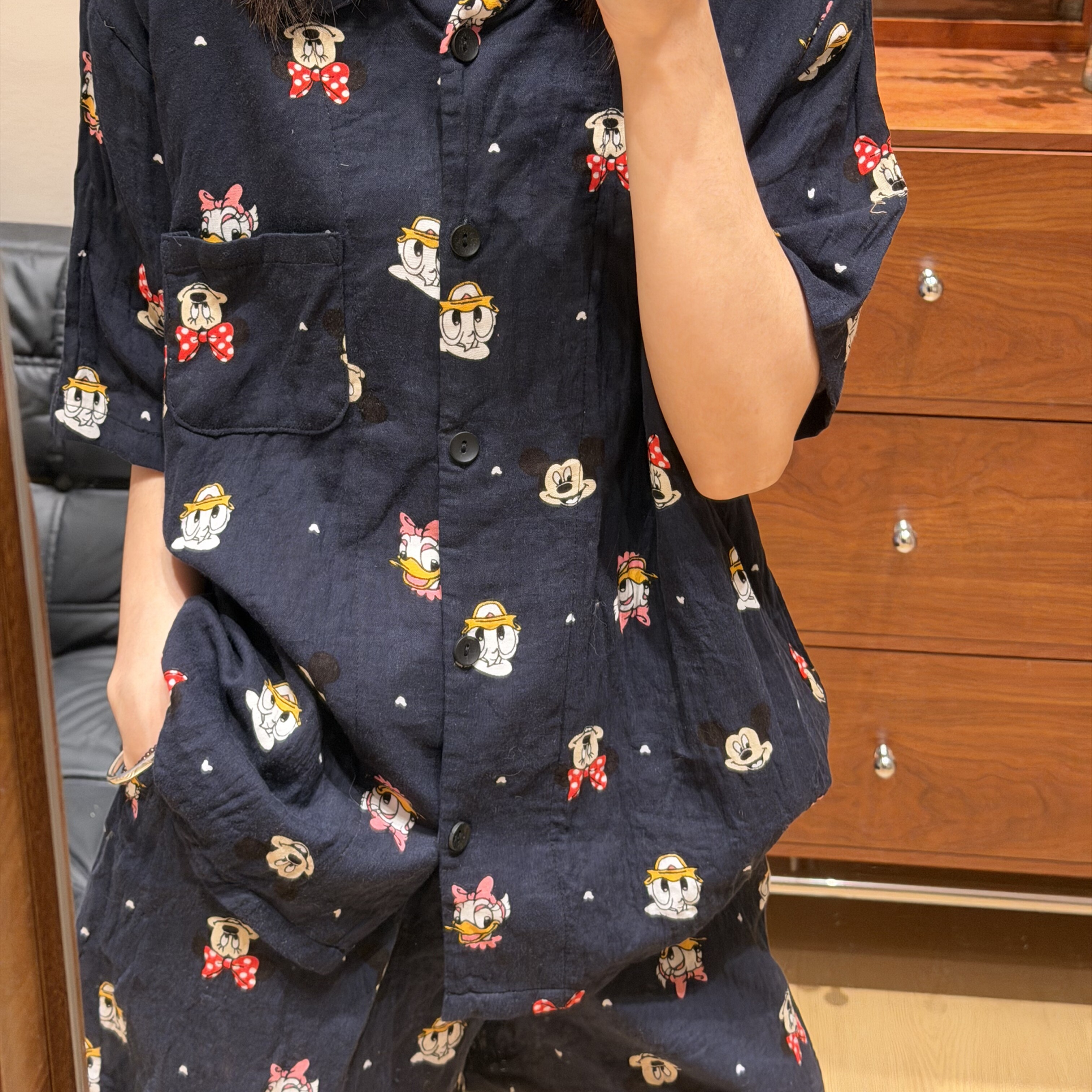 上新~100%全棉双层纱可爱卡通小翻领短袖短裤套装睡衣女可外穿