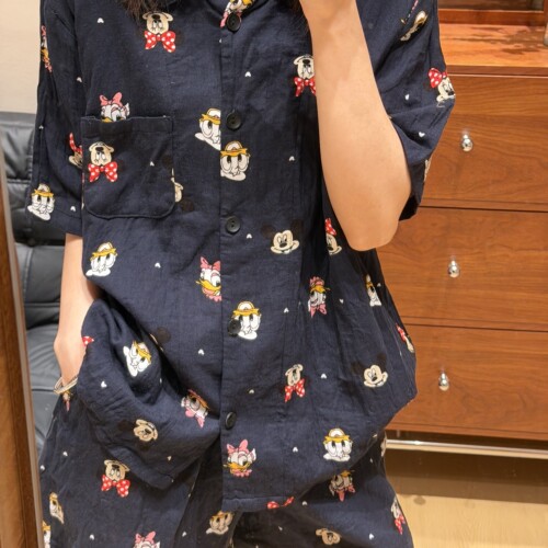 上新~100%全棉双层纱可爱卡通小翻领短袖短裤套装睡衣女可外穿