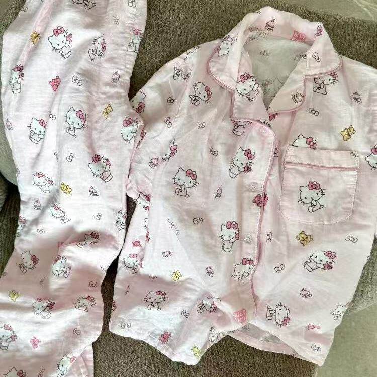 上新~A类纯棉双层纱布粉Kitty包边西装领短袖长裤睡衣家居服套装
