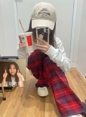 优家同款法兰绒纯棉红色格子文艺风休闲裤直筒宽松长裤